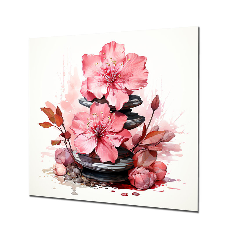 «Pink Zen Blossoms Spiritual Stones I» - art mural en métal fruits, H 16 po x l 16 po x P 1 po