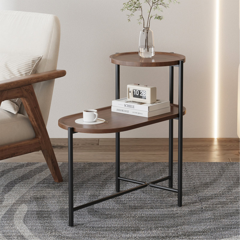 Petite table basse moderne à 2 niveaux avec tablette de rangement en bois, idéale pour le salon ou comme table de chevet (brun noyer).