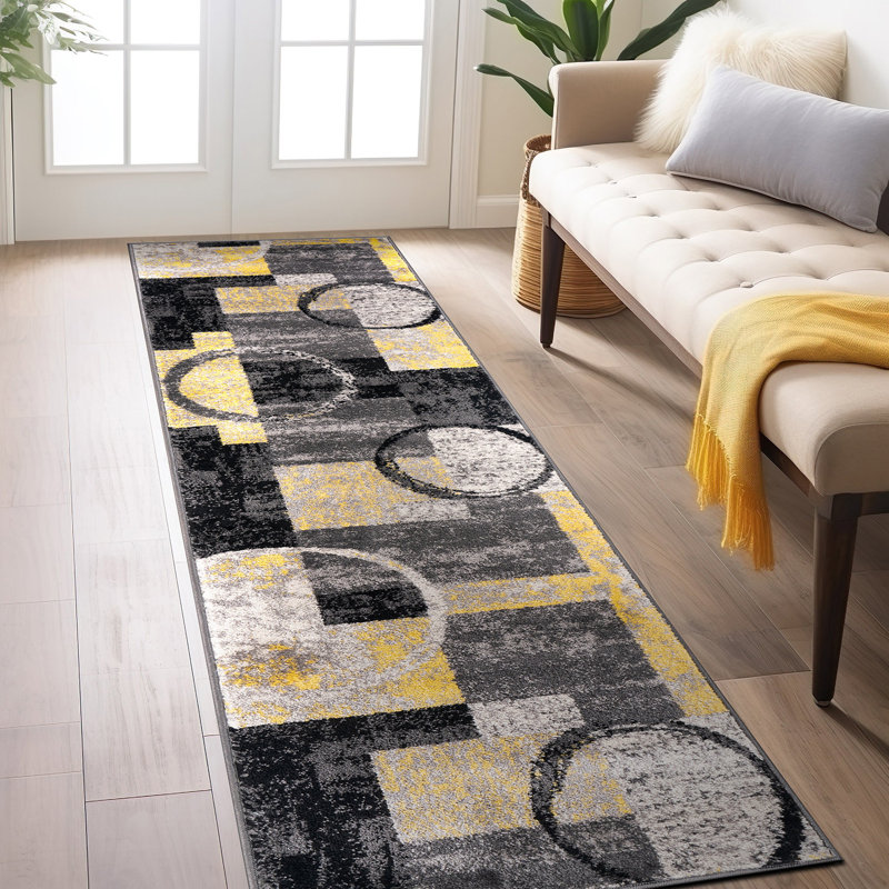 Bionda Geometric Yellow/Black/Gray Area Rug, Runner 2' x 10'