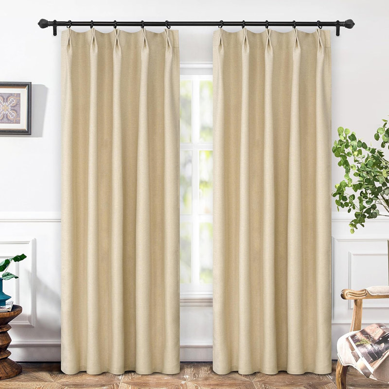 Kassia Pinch Pleated Faux Linen Textured Blackout Thermal Insulated Curtains, Navy, 30" W x 84" L