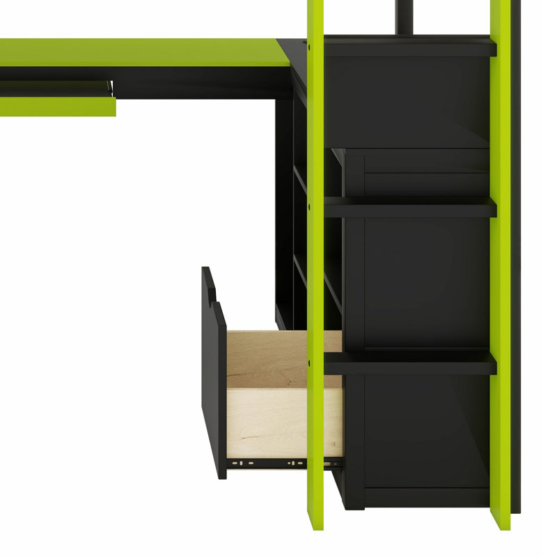 Pro Gamer Loft Bed With Desk,RGB Lights,Shelves,Pegboard & Drawer, Green