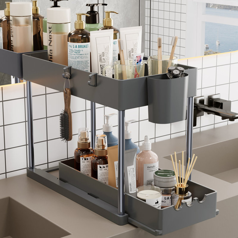 Ensemble de rangement sous le lavabo, ensemble de 2 armoires de salle de bain, tiroir coulissant à 2 niveaux pour paniers de rangement, paniers de salle de bain polyvalents pour la salle de bain