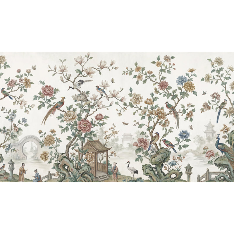 Papier peint chinois avec oiseaux chinoiserie, 100"x96", Peler et coller