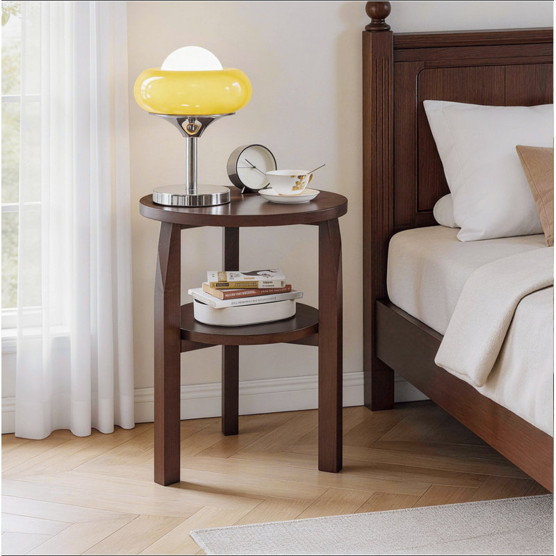 Table de bout ronde en bois d'hévéa massif, table d'appoint à 2 niveaux avec tablette de rangement, petite table d'appoint pour le salon, la chambre à coucher