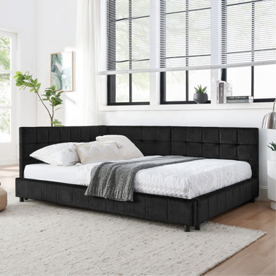 Structure de lit double capitonnée pleine grandeur avec dossier et accoudoirs confortables, idéale pour la chambre à coucher et le salon