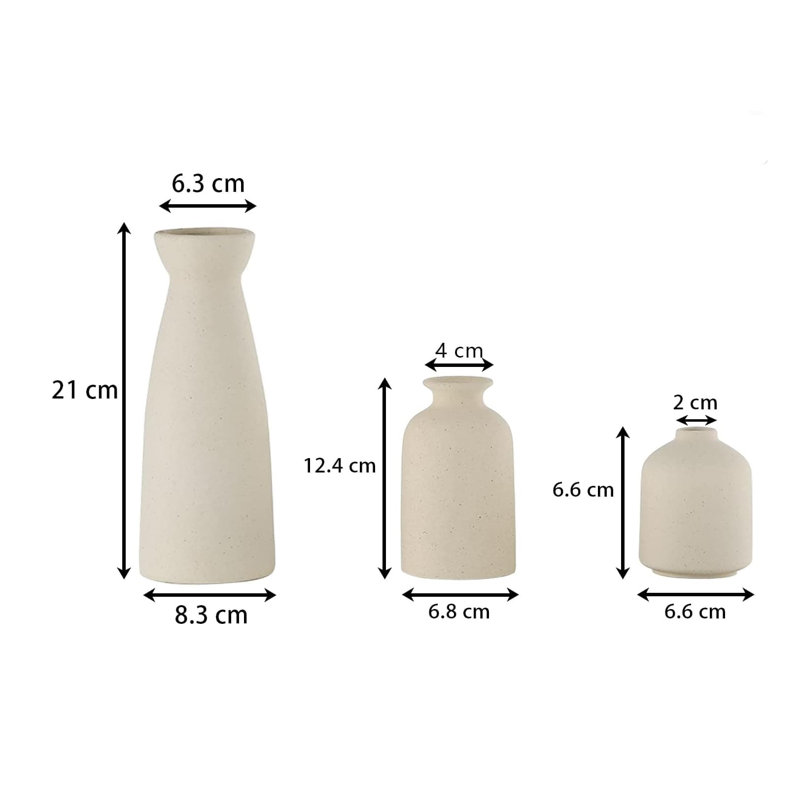 3Pcs 8.3" Boho Ceramic Vases, Distressed Decor for Table & Shelf, Beige