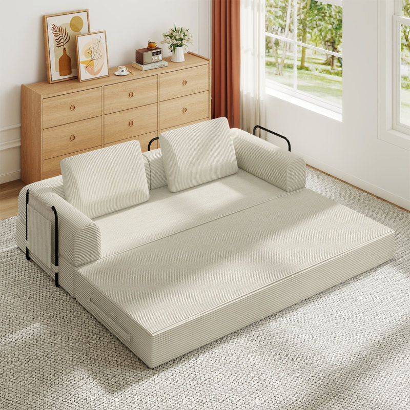 Canapé-lit convertible avec coussin cylindrique et structure de forme fixe, Beige