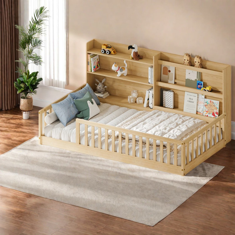 Lits jumeaux avec rangement, en pin massif, style Montessori moderne pour la maison, Natural