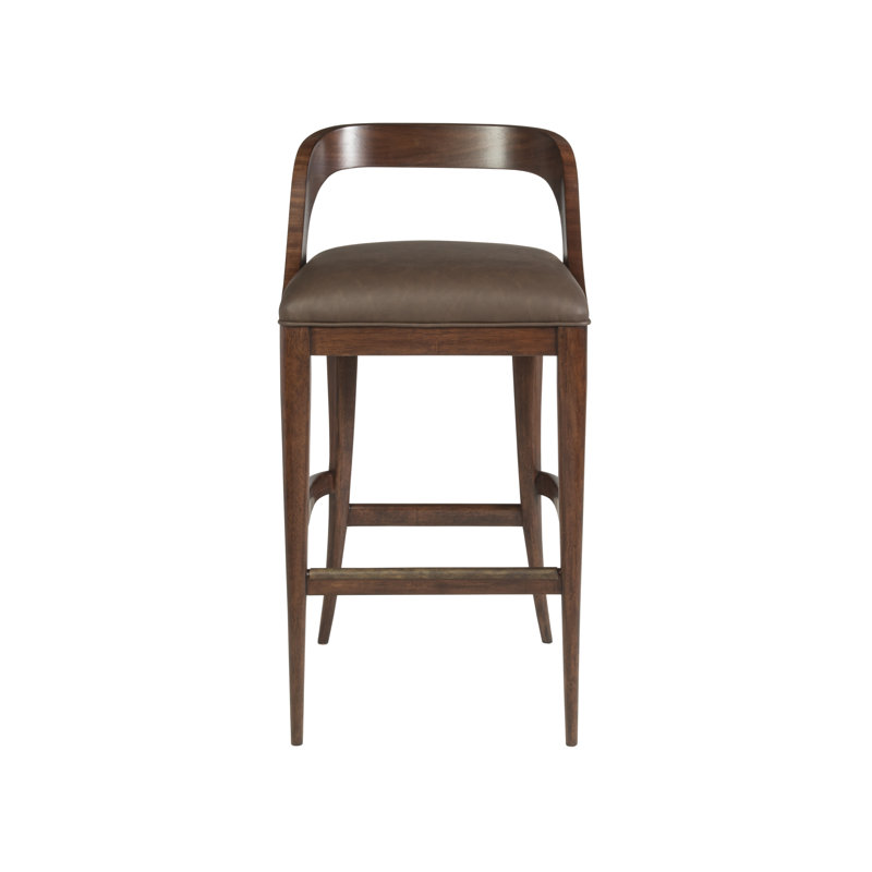 Walnut Finish Traditional Low Back Bar Stool in Brown Leather