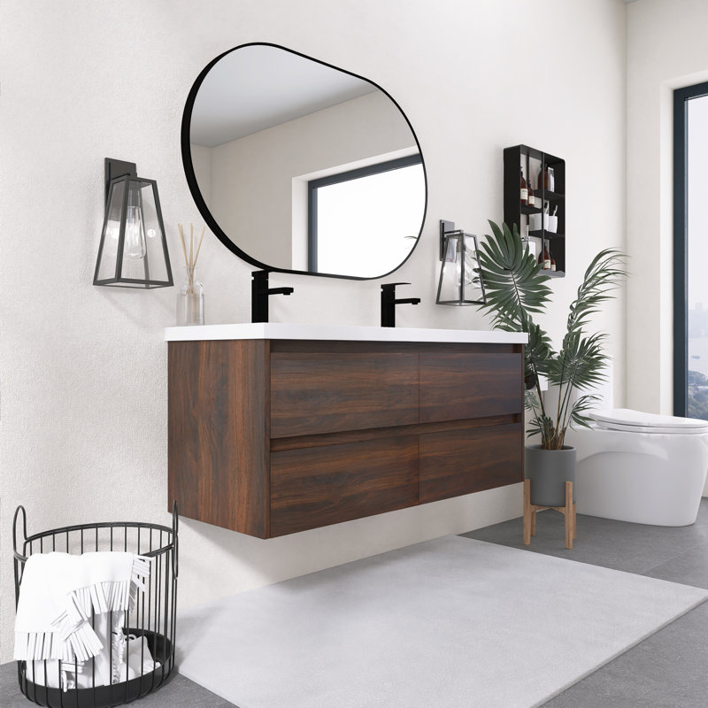 Meuble-lavabo flottant 48 po avec tiroirs 48 po, armoire en contreplaqué de noyer californien avec cuve en résine intégrée