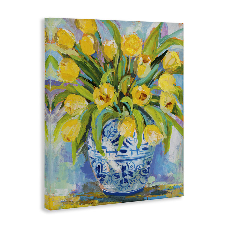 Expressive Yellow Tulips In Ornate Blue Vase Painting by Jeanette Vertentes - Painting, 30" H x 24" W