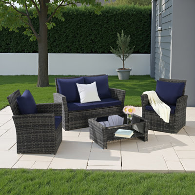 Ensemble repas d'extérieur 4 pièces avec coussins amovibles, chaises en osier durable et table basse en verre trempé pour le jardin, la cour et la piscine