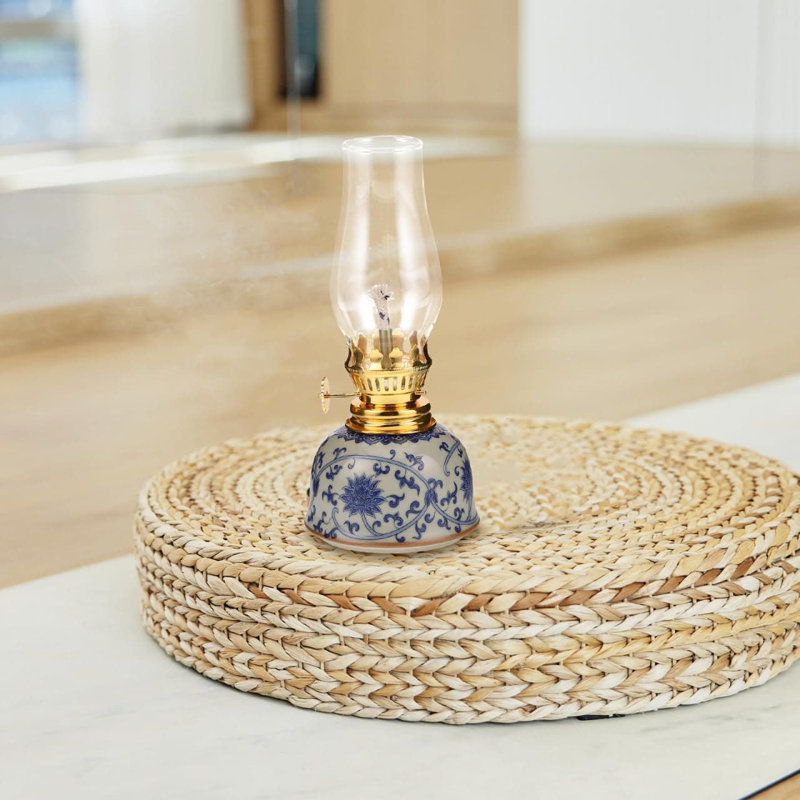 Lampe à huile ouragan en céramique avec mèche réglable, design rétro en porcelaine bleue et blanche pour la décoration intérieure, le camping et l'éclairage de secours