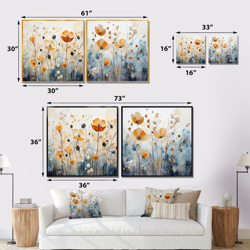 «Beige Minimalist Blossoms - Abstract Botanicals Square», ensemble de 2 collages carrés, H 16 po x l 33 po, Toile tendue