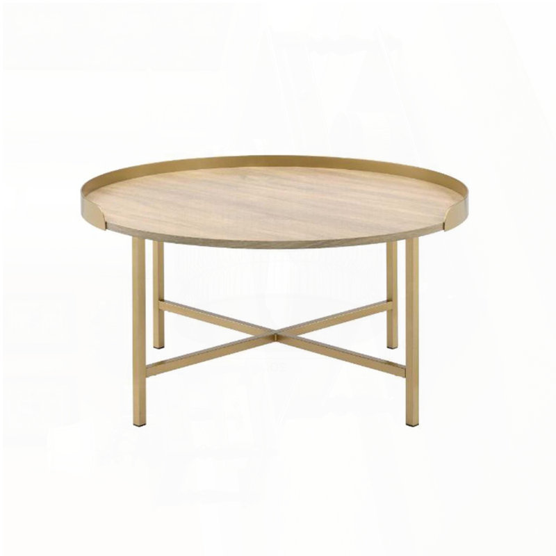 Table basse de style plateau avec base en métal et barre transversale - Chêne et or
