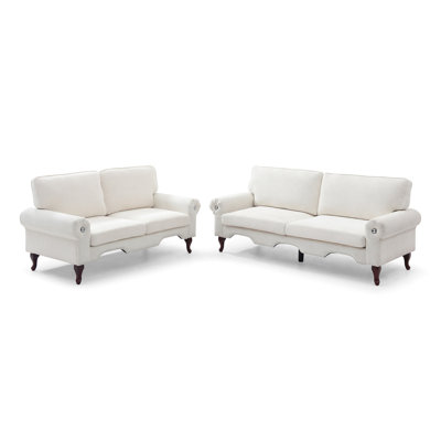 Beige Upholstered , 2 Piece Sectional With 5 Seat Convertible Couch And Movable Pillows. Modern Design, Roll Arm Crystal Buttons, Frame, Comfortable Seating For Living Room & Office Pillows, In