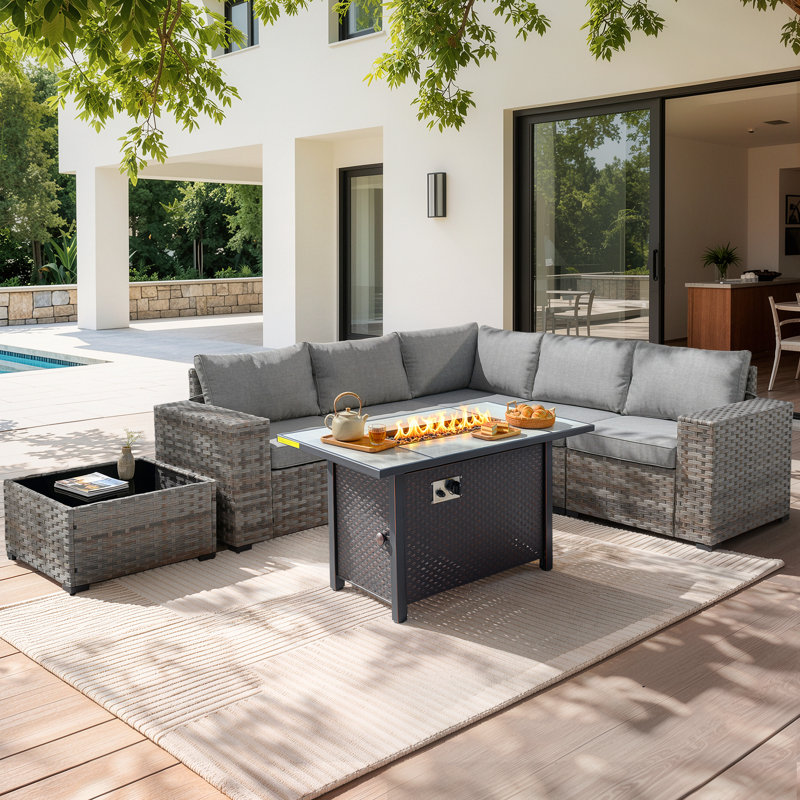 Ensemble de conversation modulaire en osier avec coussins 7 pièces Bobia, Gris foncé