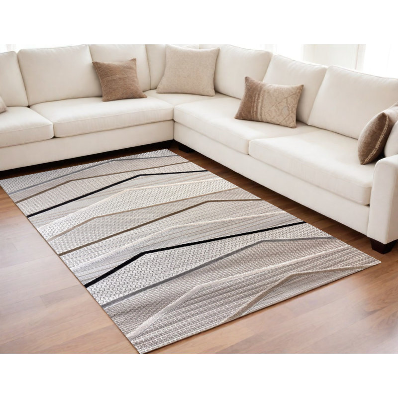 Tapis abstrait gris, brun et beige 5 pi x 8 pi
