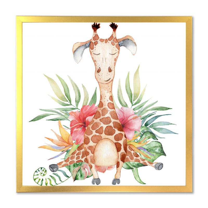 Dessin de girafe avec fleurs tropicales III - peinture sur toile, H 16 po x l 16 po x P 1 po, Encadrement doré