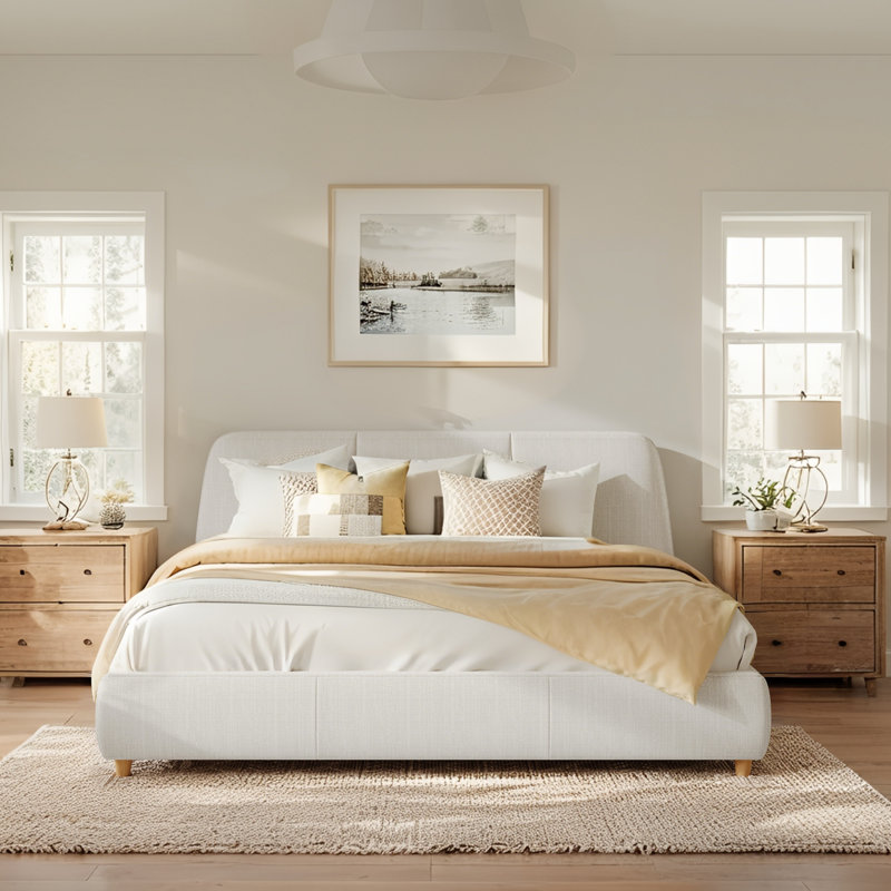 Structure de lit tapissier grand format moderne, tissu en lin blanc avec pieds en bois massif, Grand lit