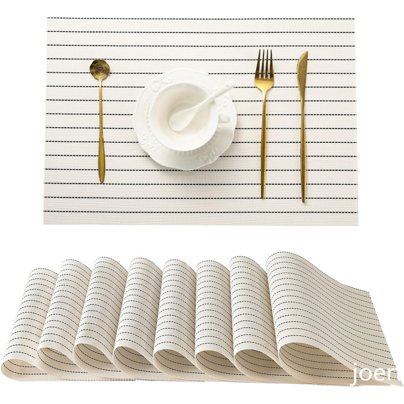 White and Black Striped Vinyl Placemats Set of 8