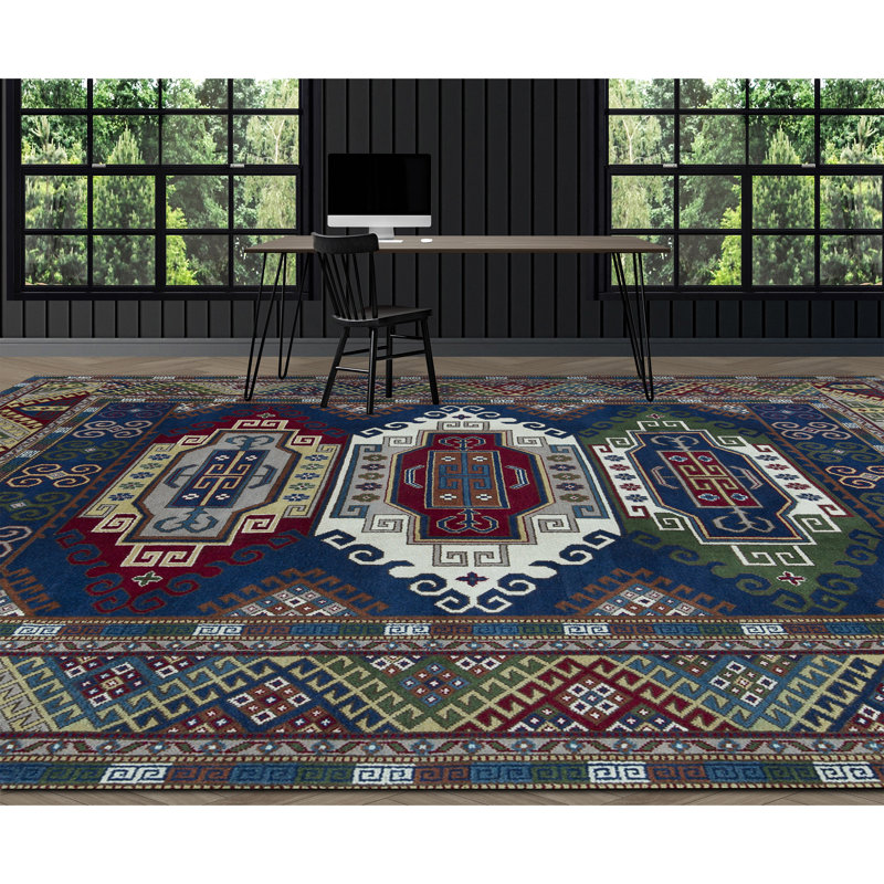 Wool Oriental Area Rug in Blue/Cream/Wine/Green