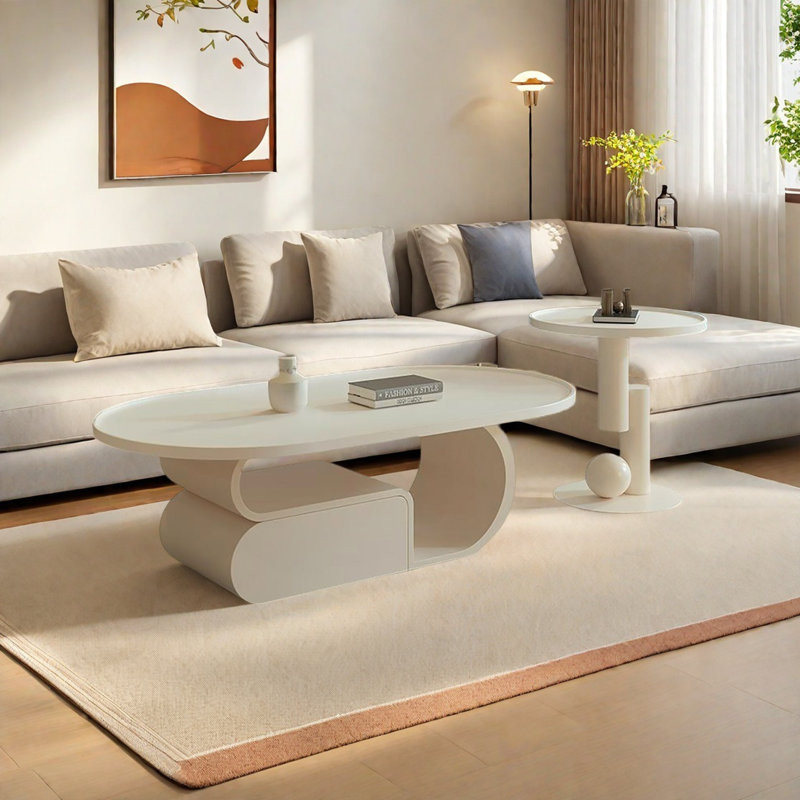 Ensemble de tables basses ovales Light Luxury, H 17,7 po x L 47,2 po x l 23,6 po, Plateau blanc / base crème