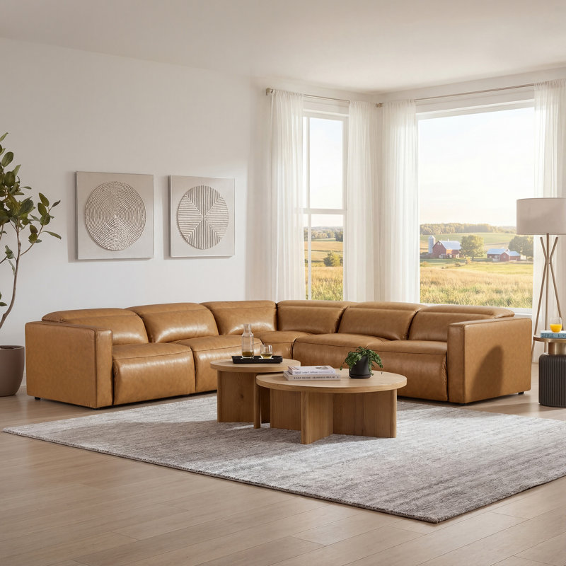 Canapé modulaire inclinable électrique Alaylah Wall-Hugger, Similicuir caramel, H 39,4 po x l 125,2 po x P 125,2 po
