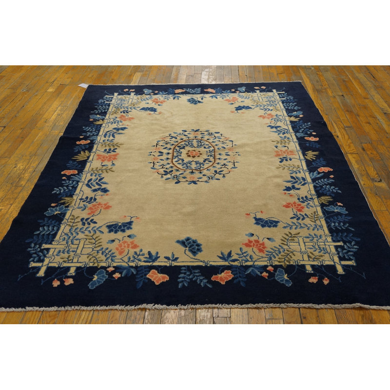 Small Ivory Cream Color Antique Artistic Open Field Floral Medallion Chinese Peking Rug