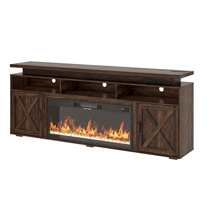 Meuble télé de style ferme avec foyer électrique de 91 cm (36 po) pour téléviseur de 75/80 po, centre multimédia de 81 cm (32 po) de hauteur avec éclairage DEL et prise de courant, console multimédia rustique avec porte coulissante de style grange pour salon