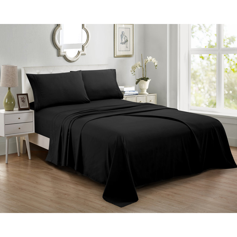Ensemble de draps en microfibre 4 pièces avec broderie Ensemble de draps ultimes en microfibre Bliss, Noir