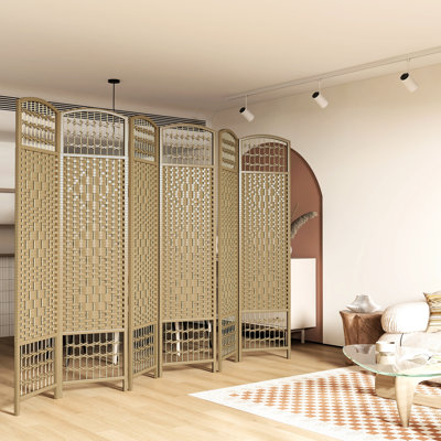 Folding Room Divider 6 Panel, 5.6' , Wave Fiber Privacy Screen, Natural Wood Vigor For Bedroom, Living Room, Home Office Panel Partition, Gleam Work Area