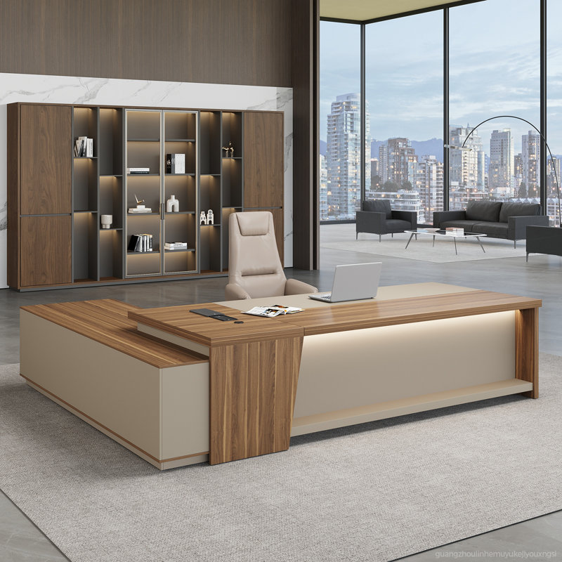 Bureau de direction ergonomique moderne en L Achilles Luxury avec rangement intégré et gestion de l'alimentation