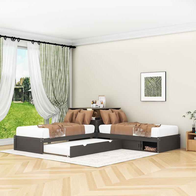 Lit plateforme simple en L avec lit gigogne simple, rangement, bureau et lumière DEL, Gris