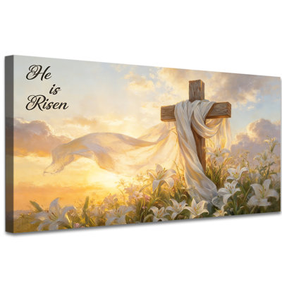 Grand, il est ressuscité, art mural sur toile, croix de décoration murale chrétienne et lys blancs, affiche de Pâques religieuse, reproduction d'art sur toile Spring Spring