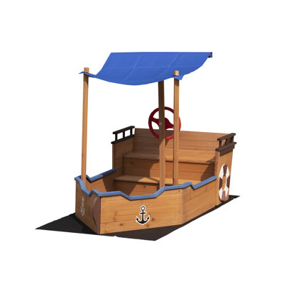 Outsunny Pirate Ship Wooden Sandbox with Canopy Cover, Rudder and Storage Bench - Outdoor Kids Play Equipment for Ages 3-8