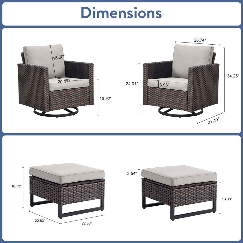 Nazime Outdoor Patio Swivel Rocking Chairs With Ottomans (Set Of 2), Beige