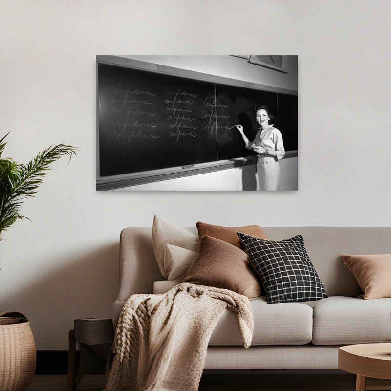 1950s, enseignant, devant, classe, écriture, confiance, tableau noir, rétro, rétro, art mural, H 32 po x l 48 po