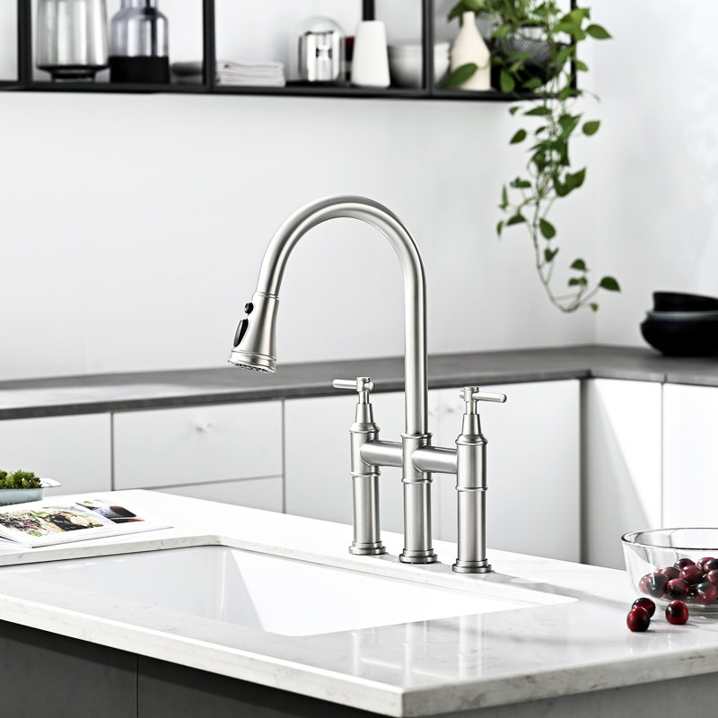 3 Hole Bridge Kitchen Faucet With Pull-Down, Brushed Nickel, 2 Handles, Stylish Design Nickel Sink Faucet, Pull-Down , Holes Efficient