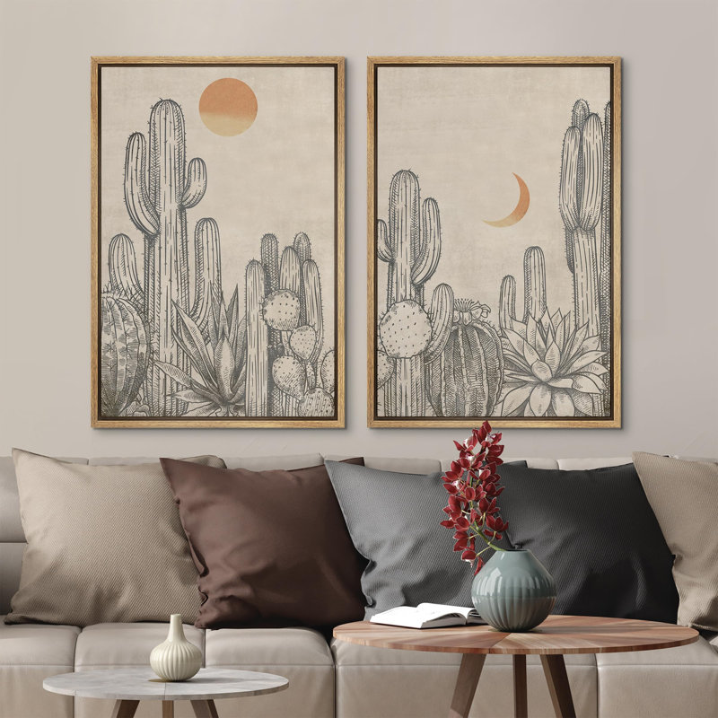 Désert, cactus de la faune avec soleil et lune, art moderne, décor Boho, calme, salon zen, Encadré naturel, H 36 po x l 24 po