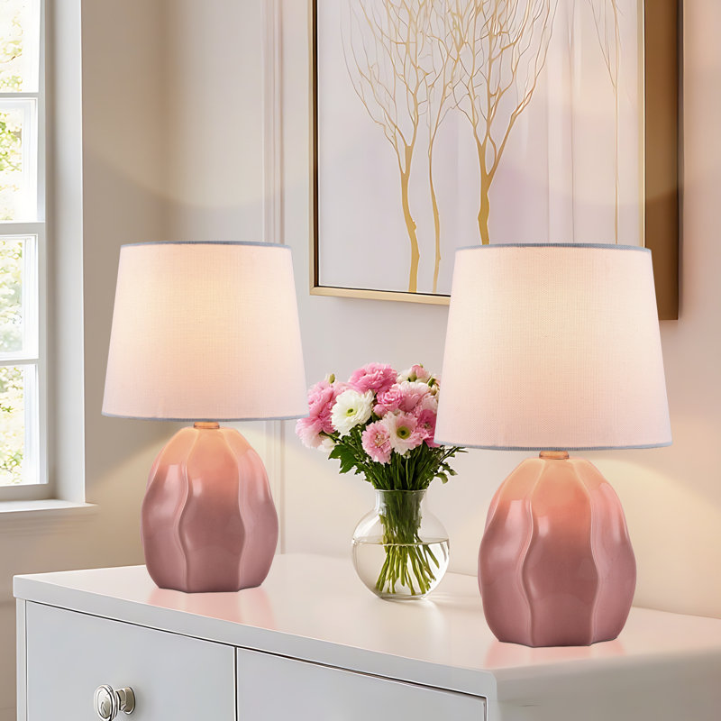 13.5" Ceramic Small Kitchen Counter Lamp Set, Decorative Kids Bedside Lamp, Pink