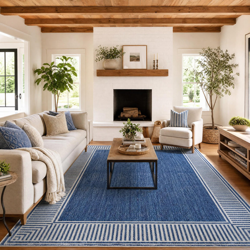 Tapis moderne vintage à bordure tuftée, Bleu, 10*13ft
