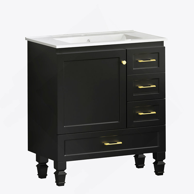 Meuble-lavabo de salle de bain avec 1 porte à fermeture douce et 3 tiroirs, Noir