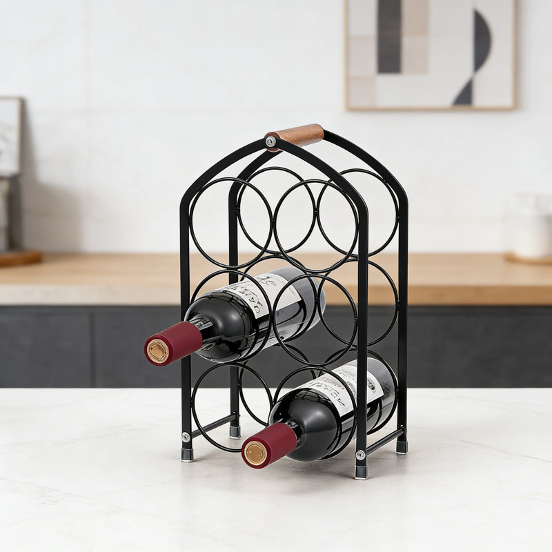 Support à vin de comptoir moderne pour 6 bouteilles avec design en métal arqué et poignée en bois, rangement peu encombrant pour la cuisine, le bar ou l'armoire