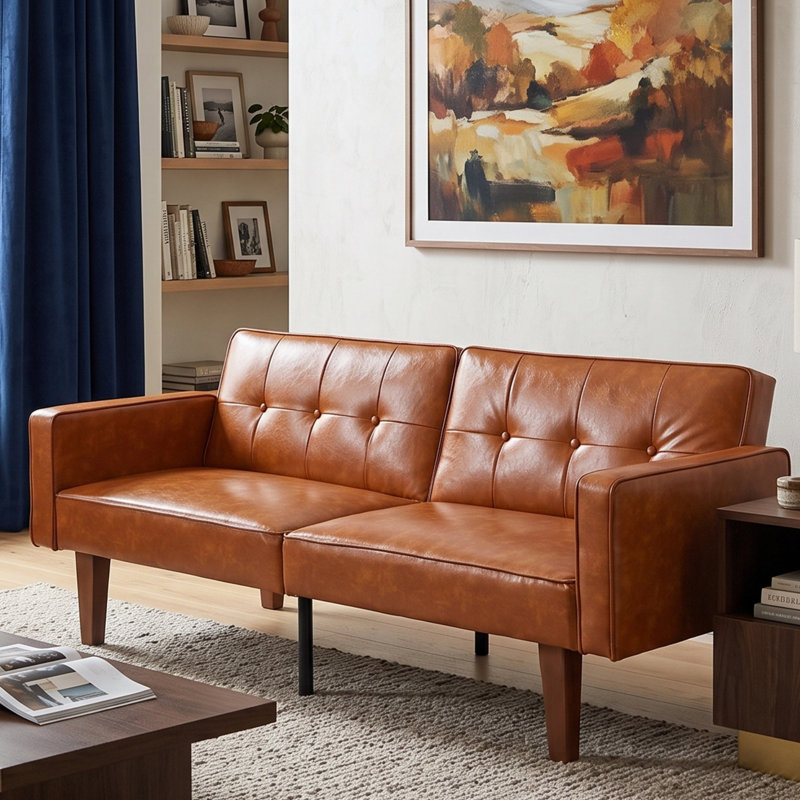 Canapé-lit 68 po Mid-Century, Similicuir brun