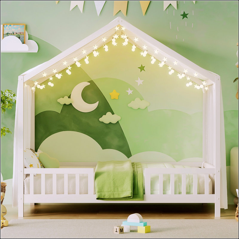 Lit de sol avec auvent Montessori, Lit simple, Blanc