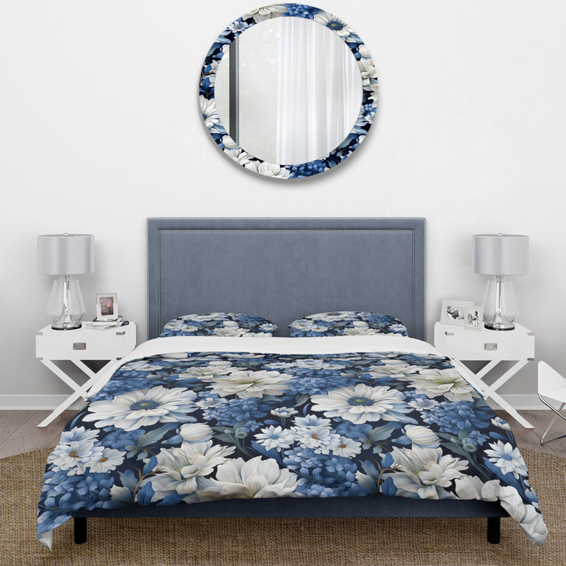 Ensemble de housse de couette floral à motif floral bleu et blanc IV, Housse de couette simple + 1 taie décorative stan