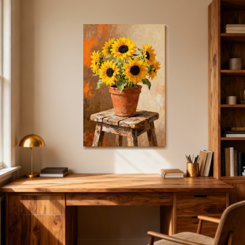 Plantes et fleurs tournesols dans un pot en terre cuite sur un tabouret en bois, H 12 po x l 18 po