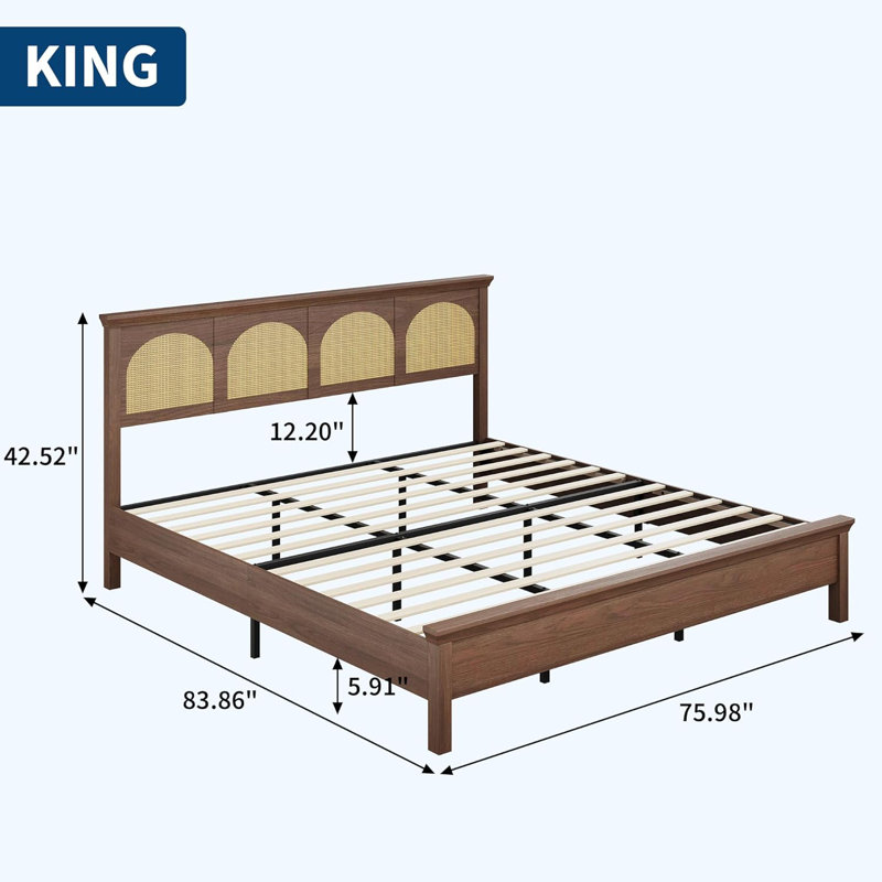 Très grande base de lit en rotin, lit plateforme en bois Boho avec tête de lit en rotin naturel et pied de lit Mid-Century, support de lattes silencieux, aucun sommier requis