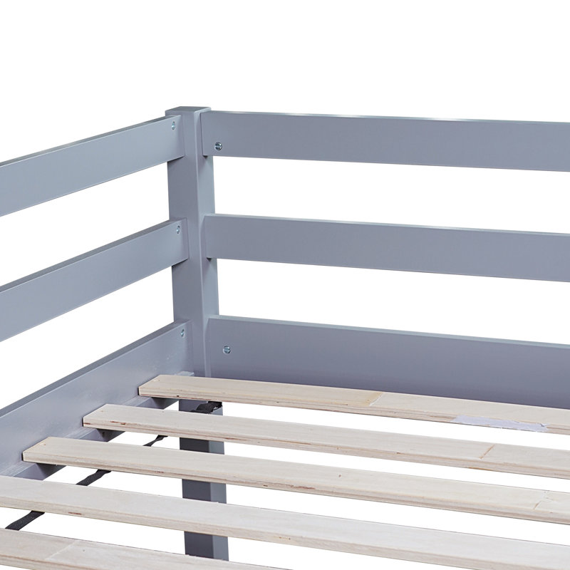 Lit simple mezzanine bas avec glissade, échelle, barrières de sécurité, lit mezzanine simple en bois d'hévéa, gris, Gris